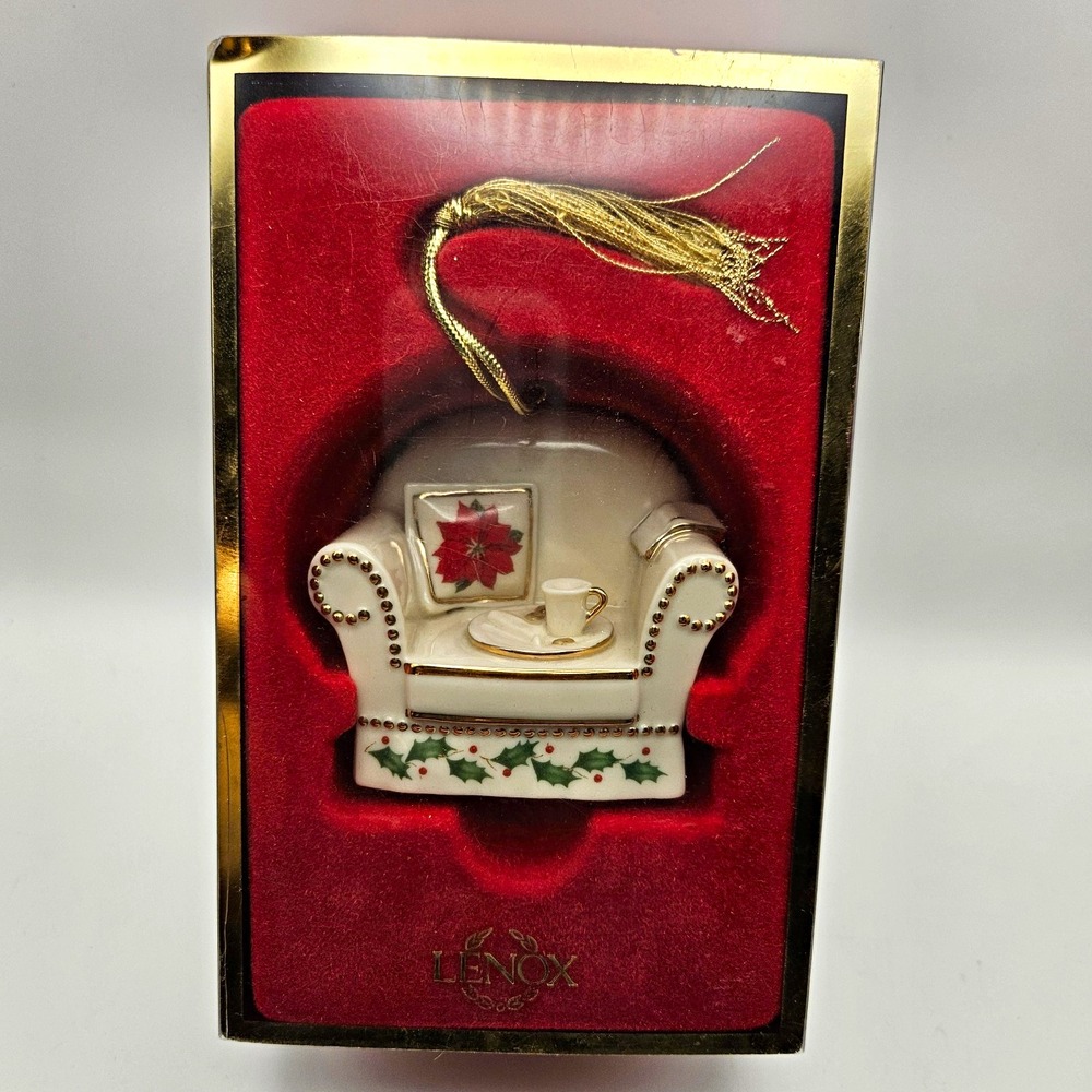 Lenox White & Gold Armchair Christmas Ornament Holly Poinsettia Teacup